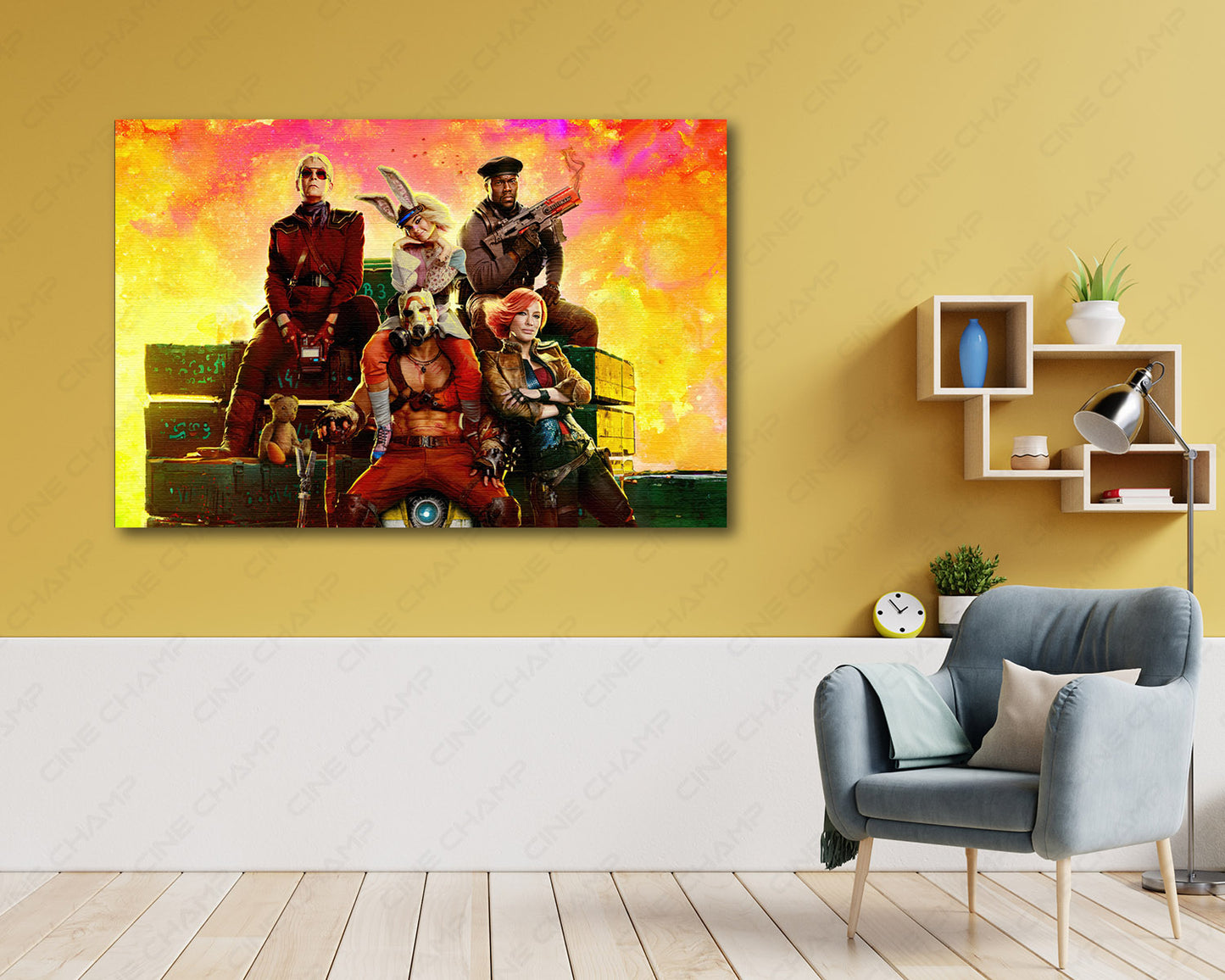 Borderlands Canvas Wall Art Above Accent Chair in a Stylish Entertainment Room