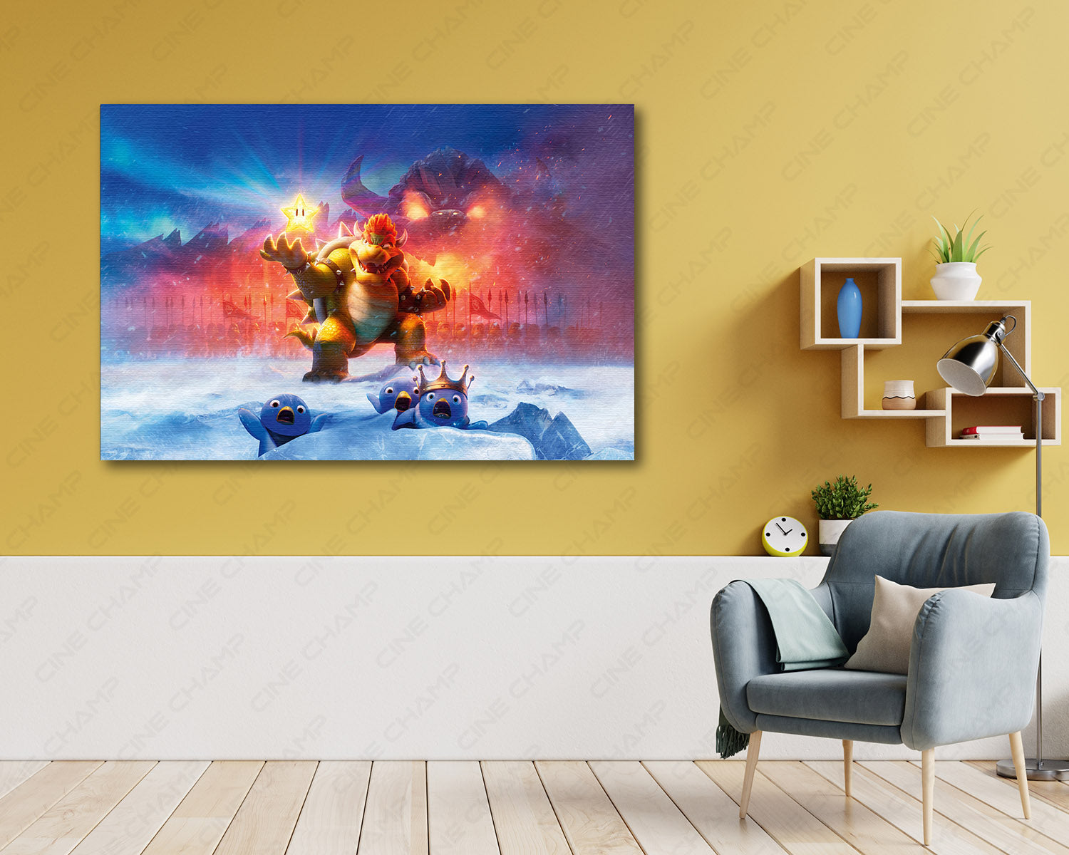 Bowser The Super Mario Bros Canvas Print Above Accent Chair in a Contemporary Gaming Space