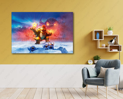 Bowser The Super Mario Bros Canvas Print Above Accent Chair in a Contemporary Gaming Space