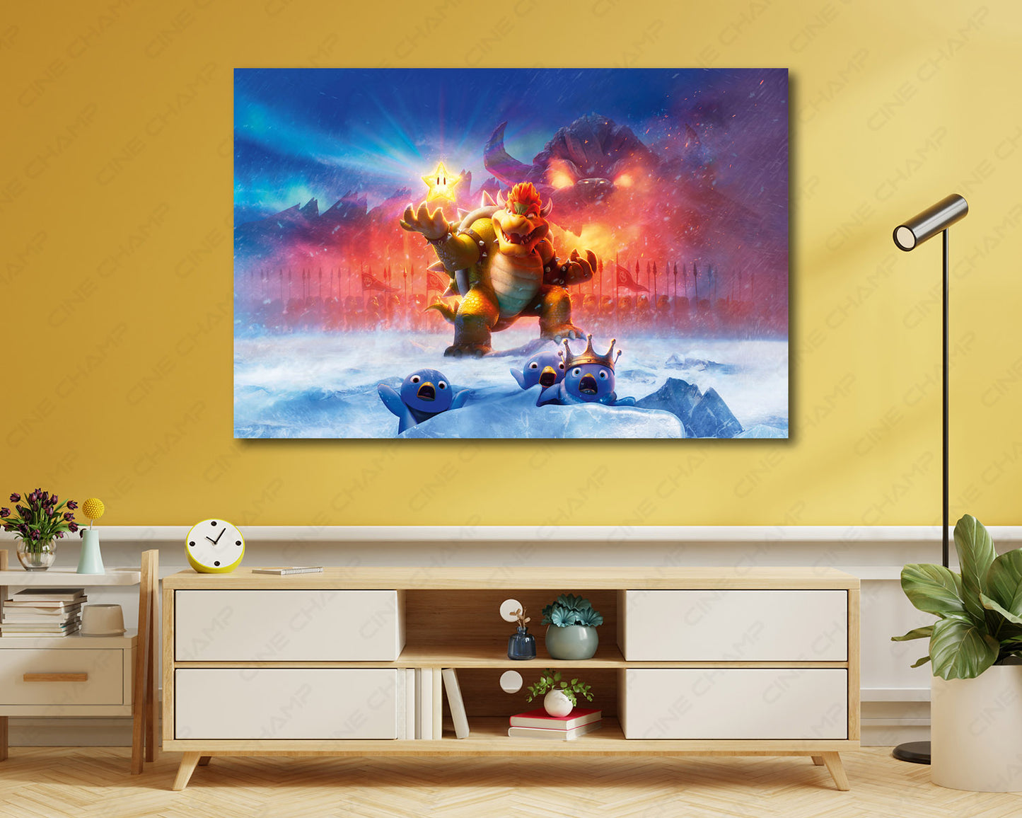 Bowser The Super Mario Bros Canvas Print Displayed Above Cabinet in a Modern Interior
