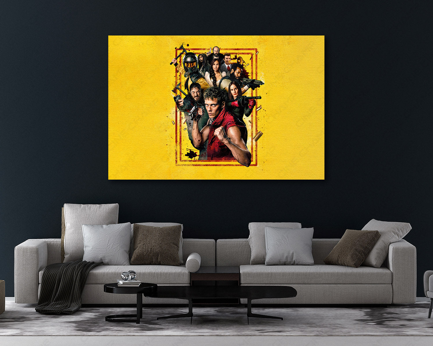Boy Kills World Canvas Print Displayed in a Modern Living Room Interior