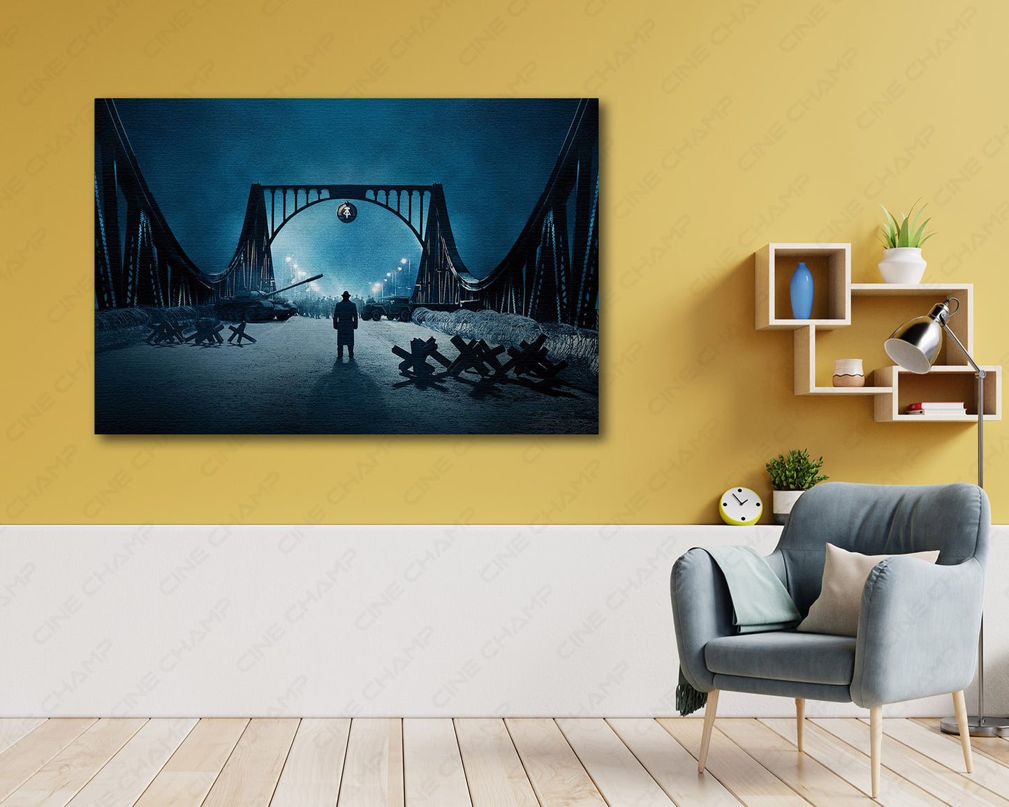 Bridge of Spies Canvas Print Above Accent Chair in a Sophisticated Reading Room