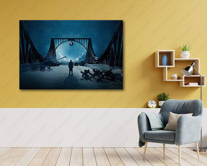 Bridge of Spies Canvas Print Above Accent Chair in a Sophisticated Reading Room