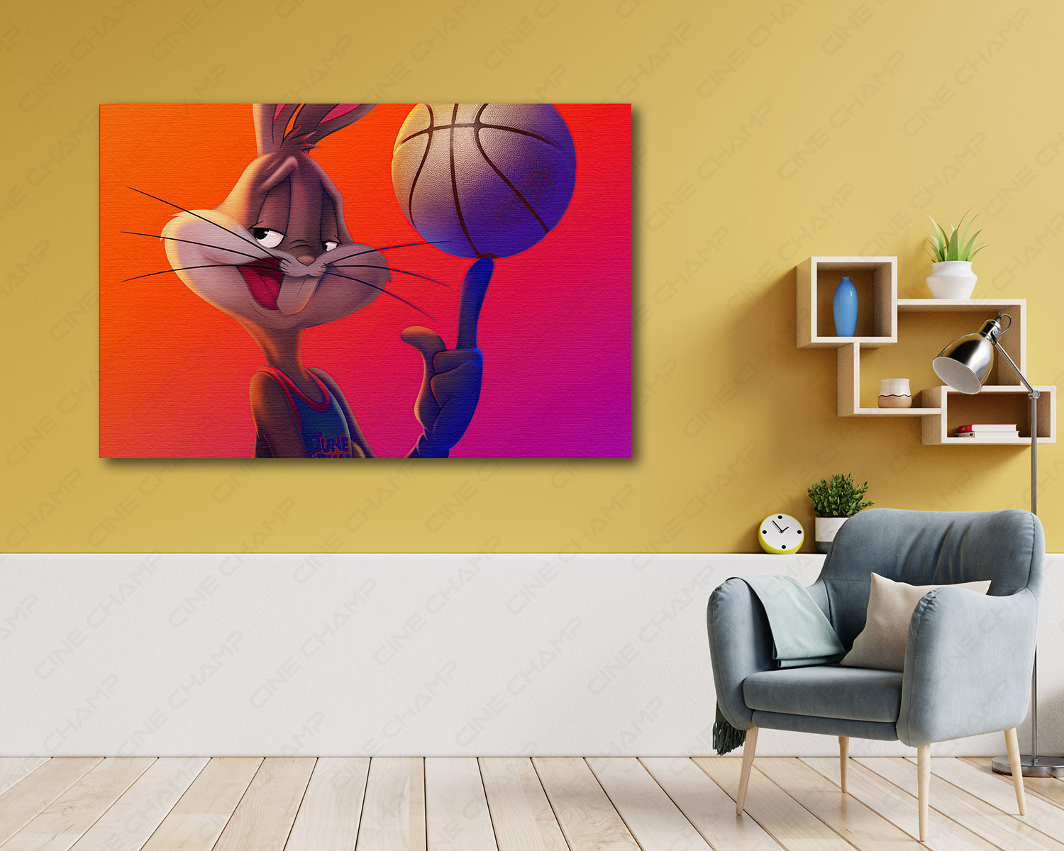 Bugs Bunny Space Jam A New Legacy Canvas Print Above Accent Chair in a Stylish Entertainment Room