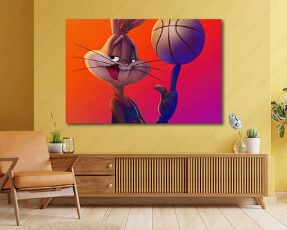 Bugs Bunny Space Jam A New Legacy Canvas Print Displayed Above Cabinet as Cartoon Movie Wall Art