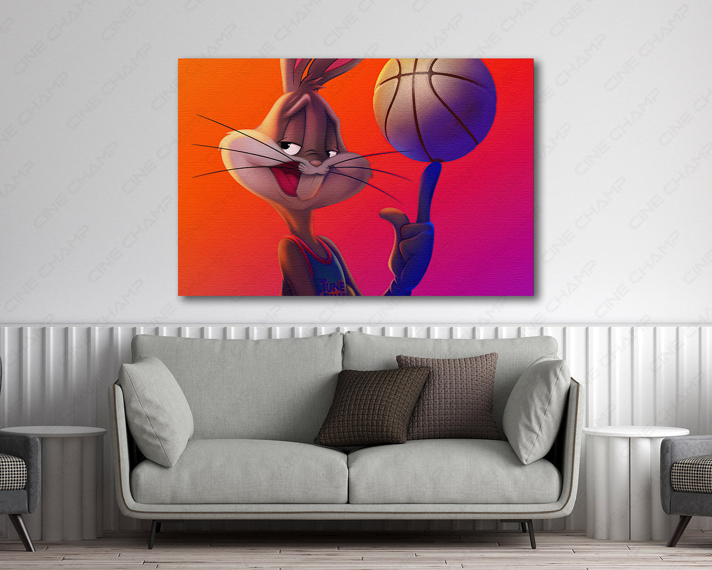 Bugs Bunny Space Jam A New Legacy Canvas Print Displayed in a Modern Living Room Interior