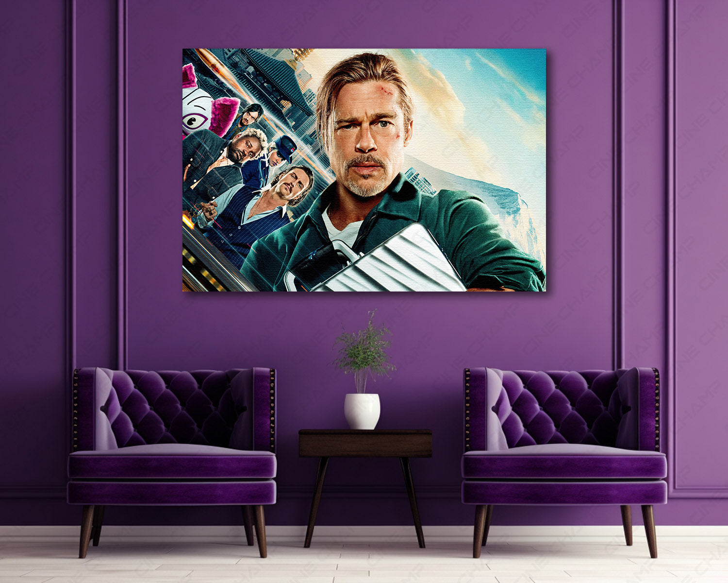 Bullet Train Canvas Print Above Accent Chair in a Modern Entertainment Room