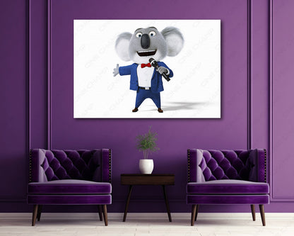 Buster Moon Canvas Print Above Accent Chair in a Modern Entertainment Space