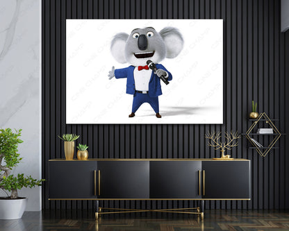 Buster Moon Canvas Print Displayed Above Cabinet as Character-Themed Living Room Wall Art