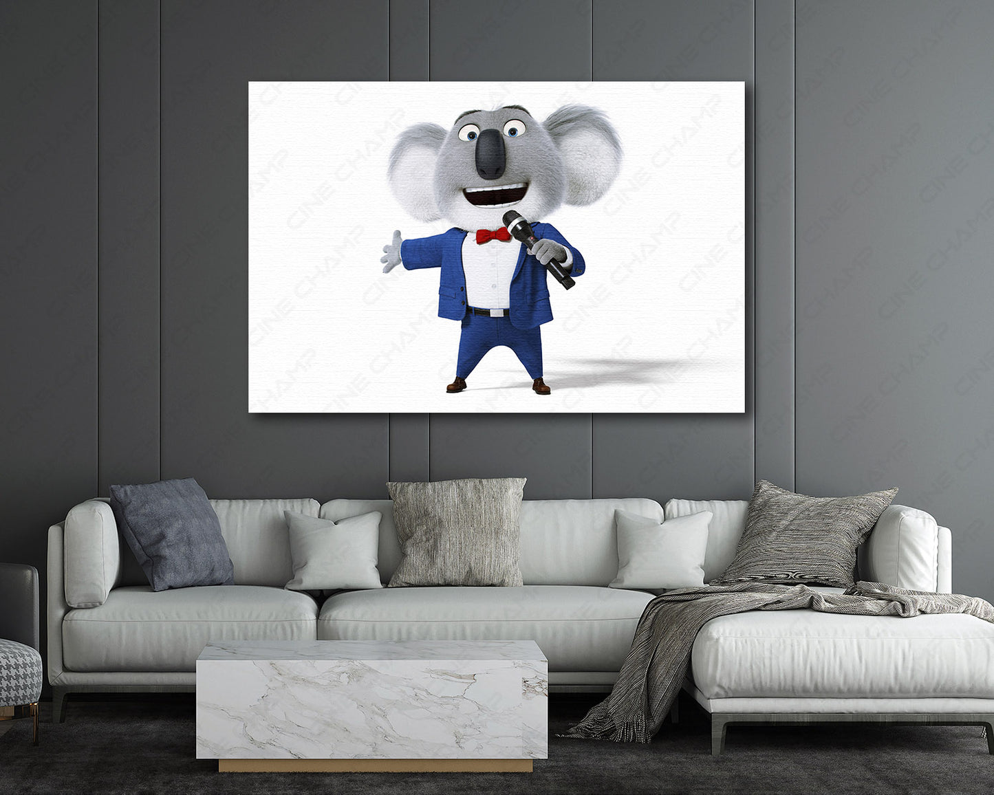Buster Moon Canvas Print Displayed in a Contemporary Living Room Interior