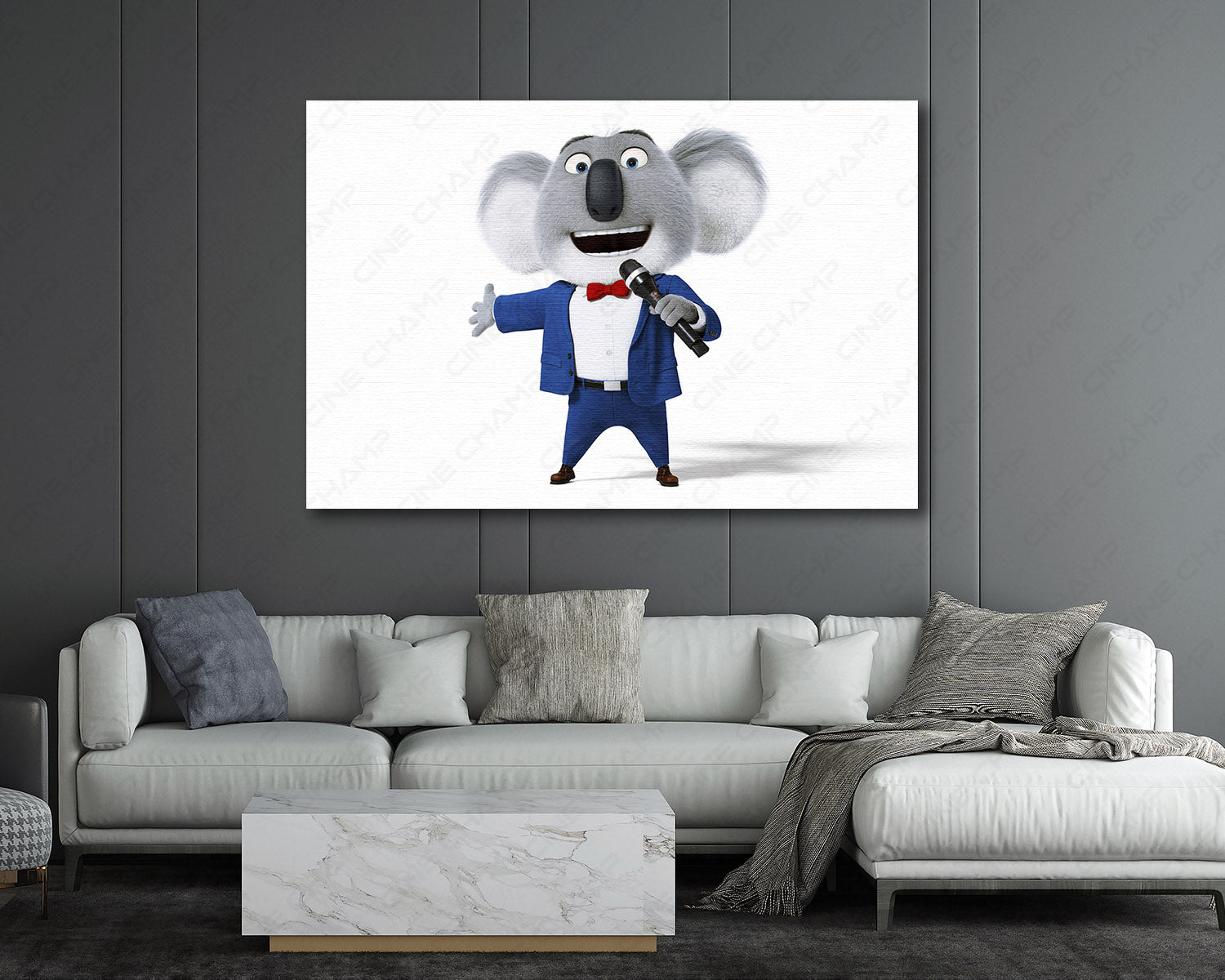 Buster Moon Canvas Print Displayed in a Contemporary Living Room Interior