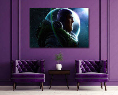 Buzz Lightyear Canvas Print Above Accent Chair in a Modern Entertainment Space