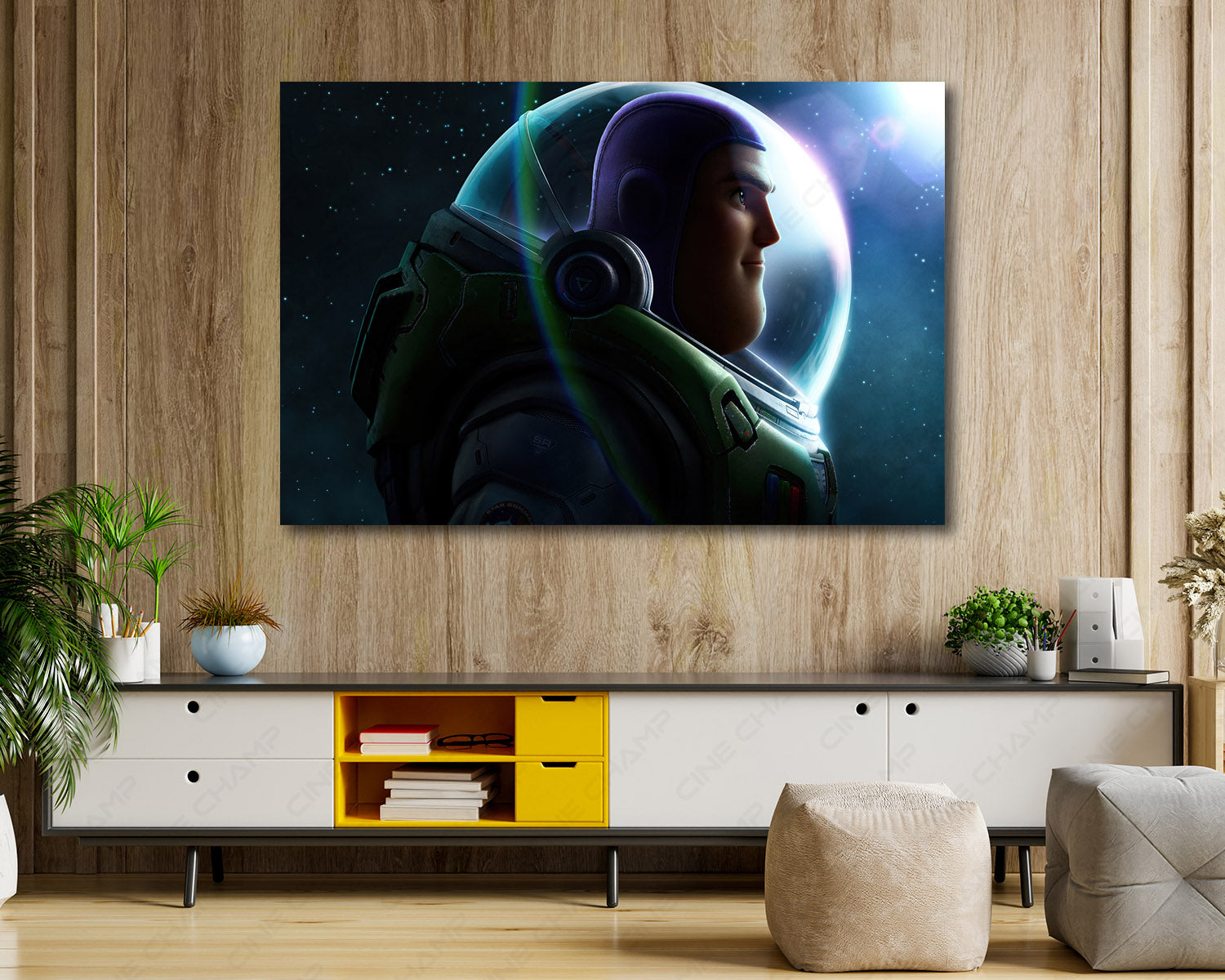 Buzz Lightyear Canvas Print Displayed Above Cabinet as Character-Themed Living Room Wall Art