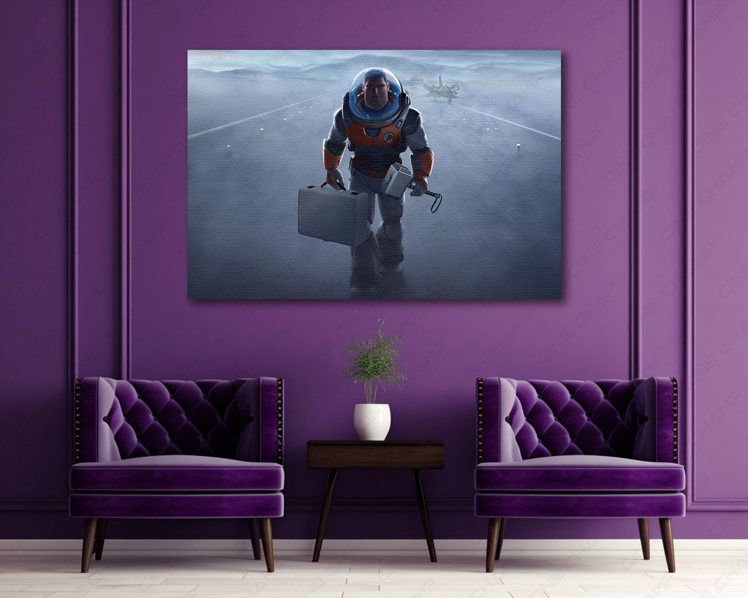 Buzz Lightyear Hammer of Heroism Canvas Print Above Accent Chair in a Modern Entertainment Room