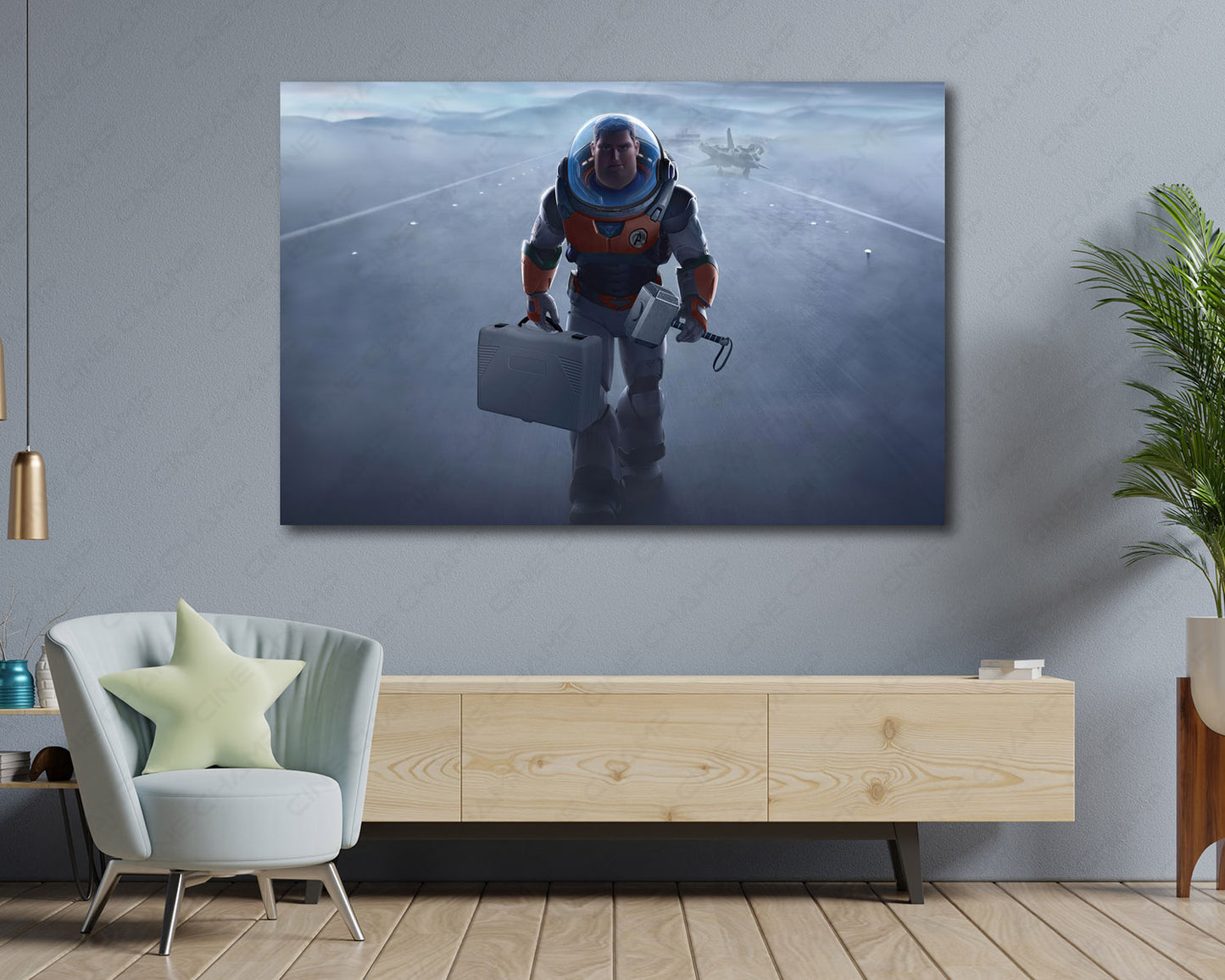 Buzz Lightyear Hammer of Heroism Canvas Print Displayed Above Cabinet as Character-Themed Living Room Wall Art