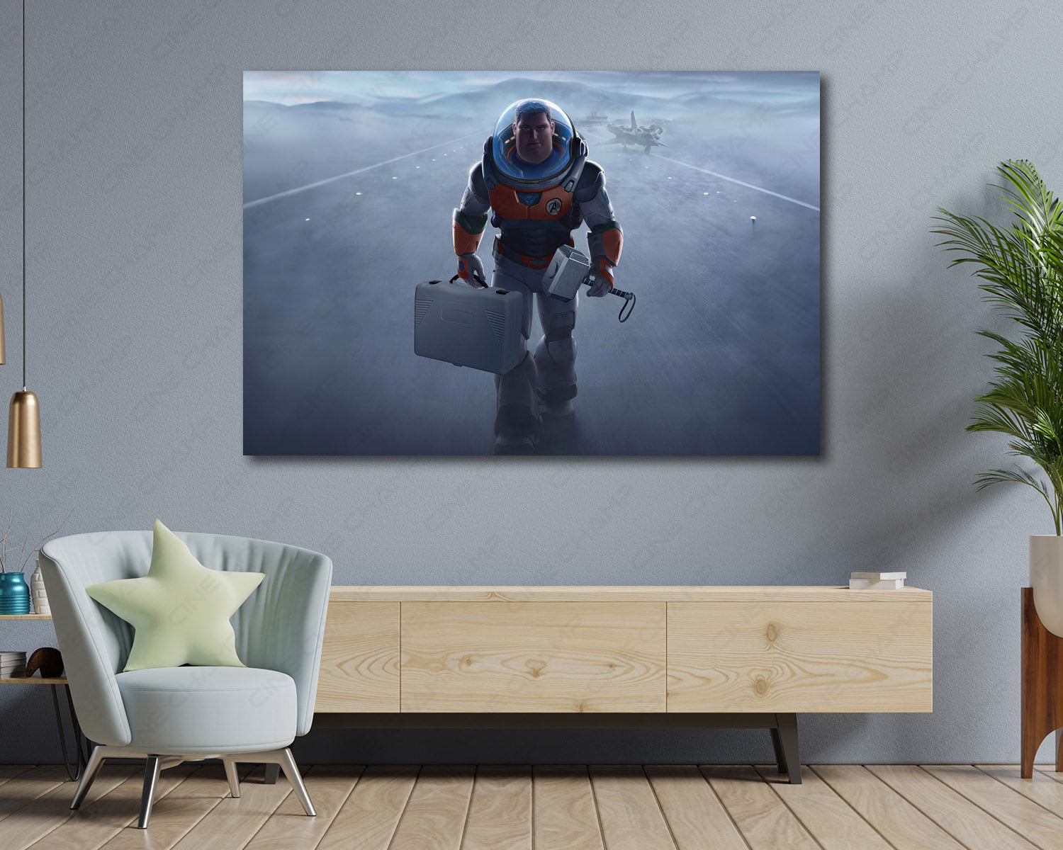 Buzz Lightyear Hammer of Heroism Canvas Print Displayed Above Cabinet as Character-Themed Living Room Wall Art