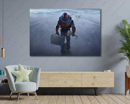 Buzz Lightyear Hammer of Heroism Canvas Print Displayed Above Cabinet as Character-Themed Living Room Wall Art