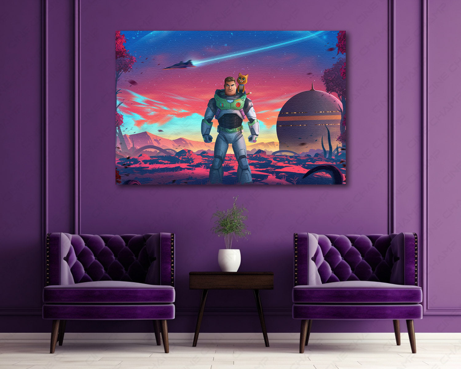 Buzz Lightyear Premium Canvas Wall Art Above Accent Chair in a Modern Entertainment Space