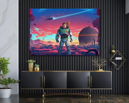 Buzz Lightyear Premium Canvas Wall Art Displayed Above Cabinet as Character-Themed Living Room Decor