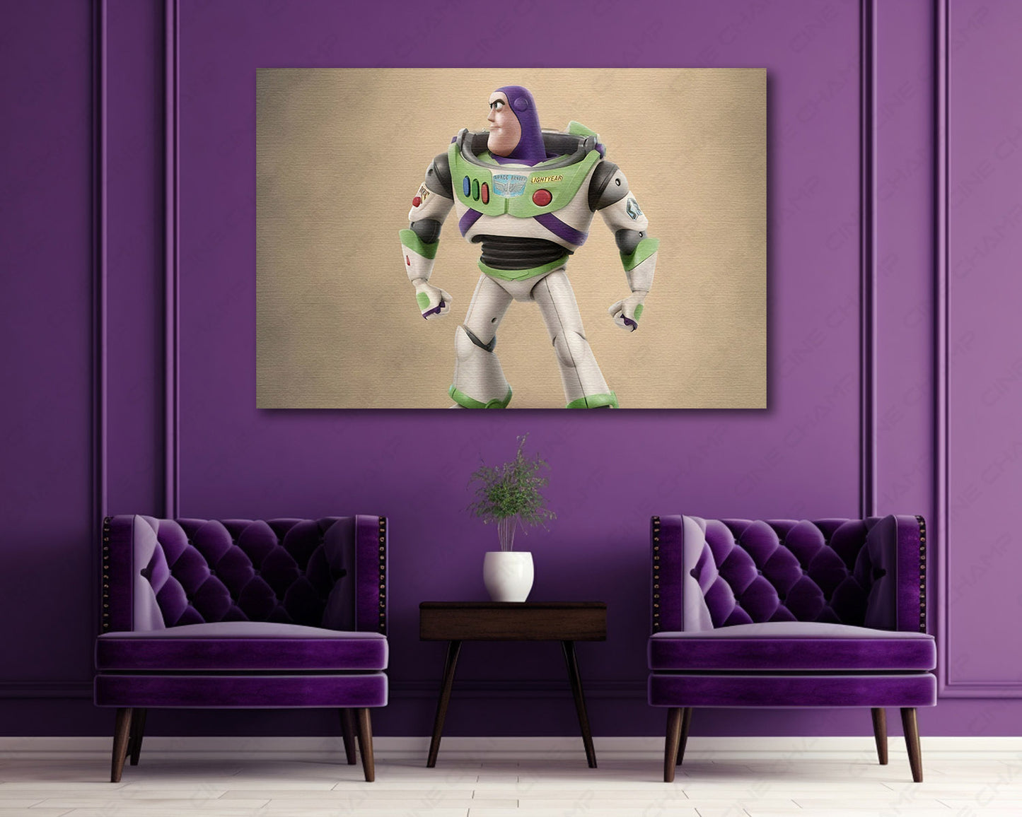 Buzz Lightyear in Toy Story Canvas Print Above Accent Chair in a Modern Entertainment Room