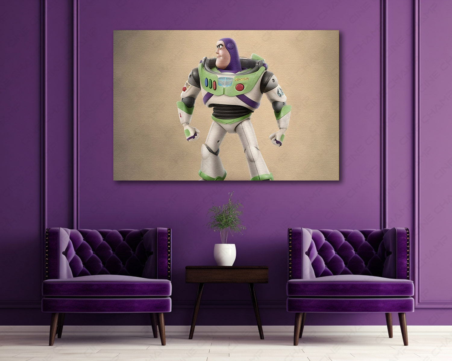 Buzz Lightyear in Toy Story Canvas Print Above Accent Chair in a Modern Entertainment Room