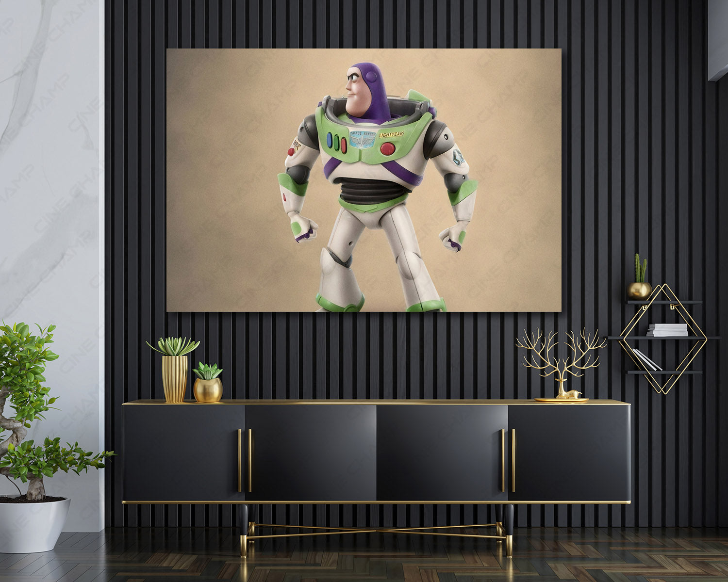 Buzz Lightyear in Toy Story Canvas Print Displayed Above Cabinet as Character-Themed Living Room Wall Art