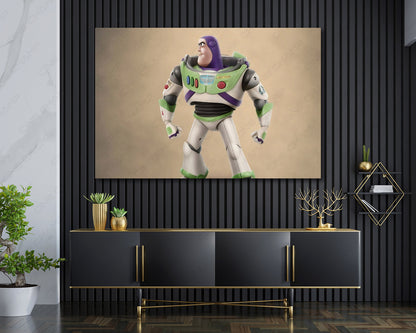 Buzz Lightyear in Toy Story Canvas Print Displayed Above Cabinet as Character-Themed Living Room Wall Art