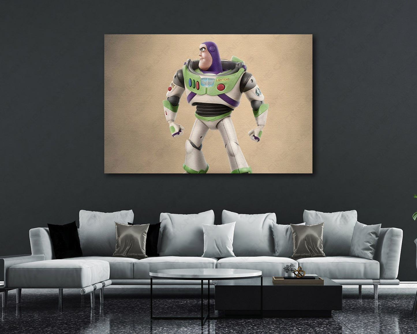 Buzz Lightyear in Toy Story Canvas Print Displayed in a Contemporary Living Room Interior