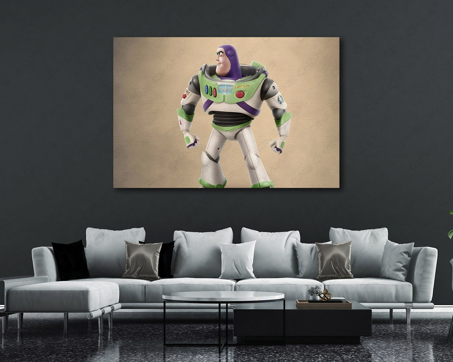 Buzz Lightyear in Toy Story Canvas Print Displayed in a Contemporary Living Room Interior