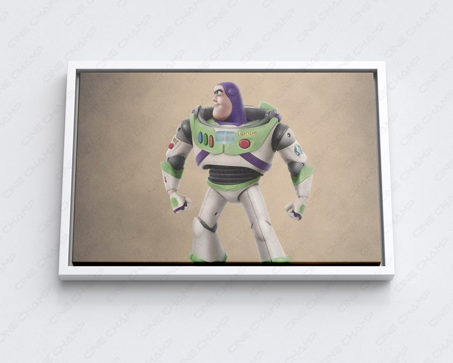 Buzz Lightyear in Toy Story Canvas Print with White Floating Frame for Stylish Family Room Wall Decoration