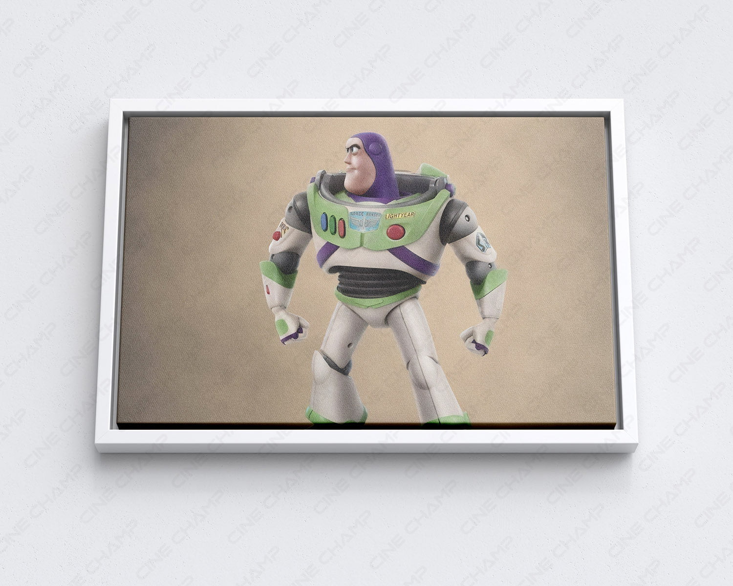 Buzz Lightyear in Toy Story Canvas Print with White Floating Frame for Stylish Family Room Wall Decoration