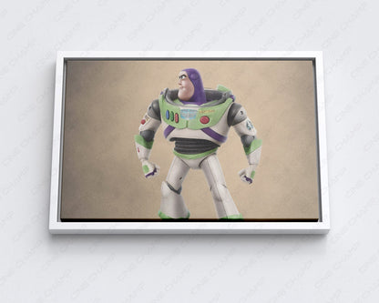 Buzz Lightyear in Toy Story Canvas Print with White Floating Frame for Stylish Family Room Wall Decoration