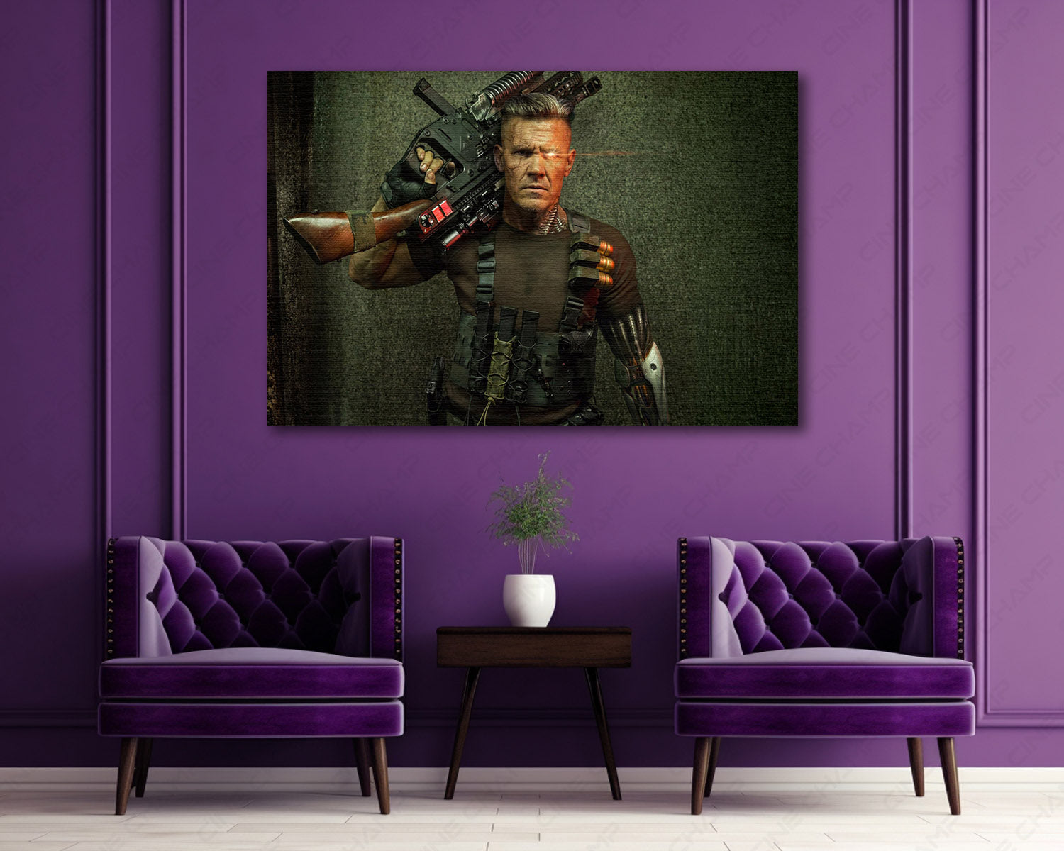 Cable Deadpool Canvas Print Above Accent Chair in a Modern Movie Room or Gaming Space