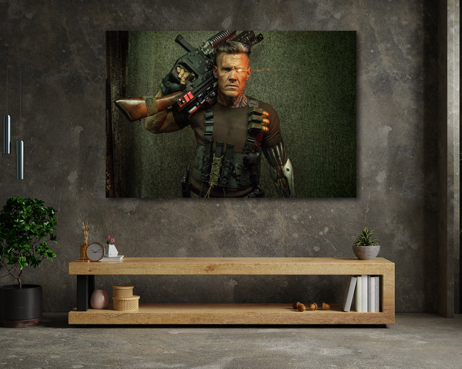 Cable Deadpool Canvas Print Displayed Above Cabinet as Action Movie Character Wall Art