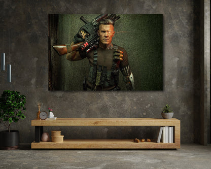 Cable Deadpool Canvas Print Displayed Above Cabinet as Action Movie Character Wall Art