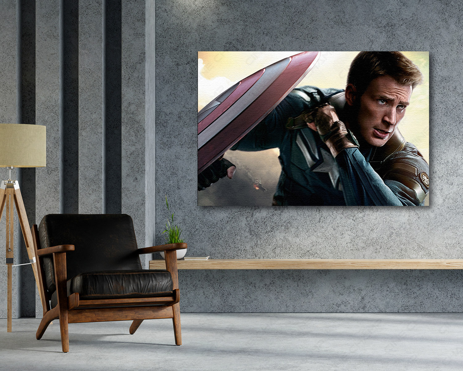 Captain America Canvas Wall Art Above Accent Chair in a Modern Movie Room or Gaming Space