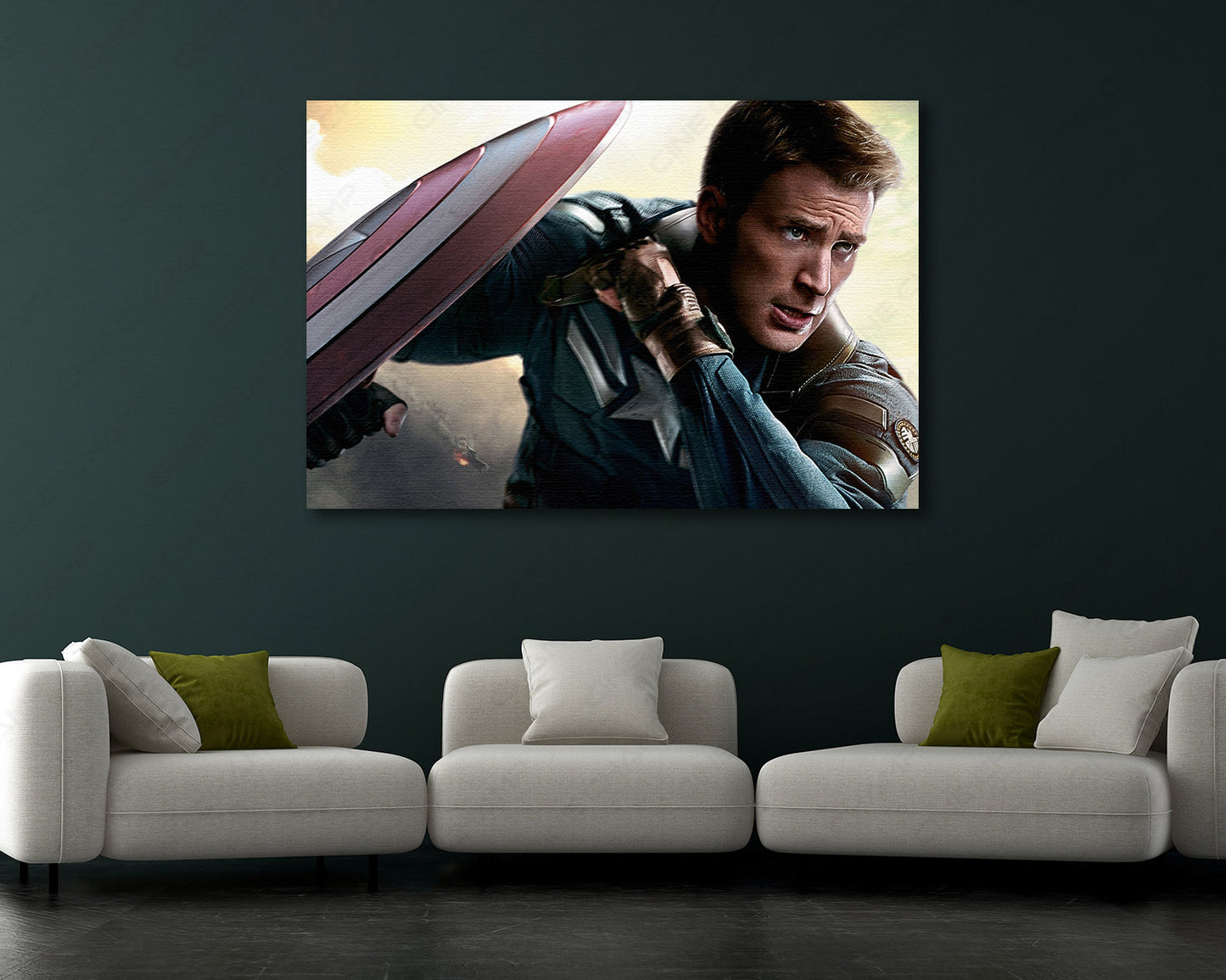 Captain America Canvas Wall Art Displayed in a Contemporary Living Room Interior