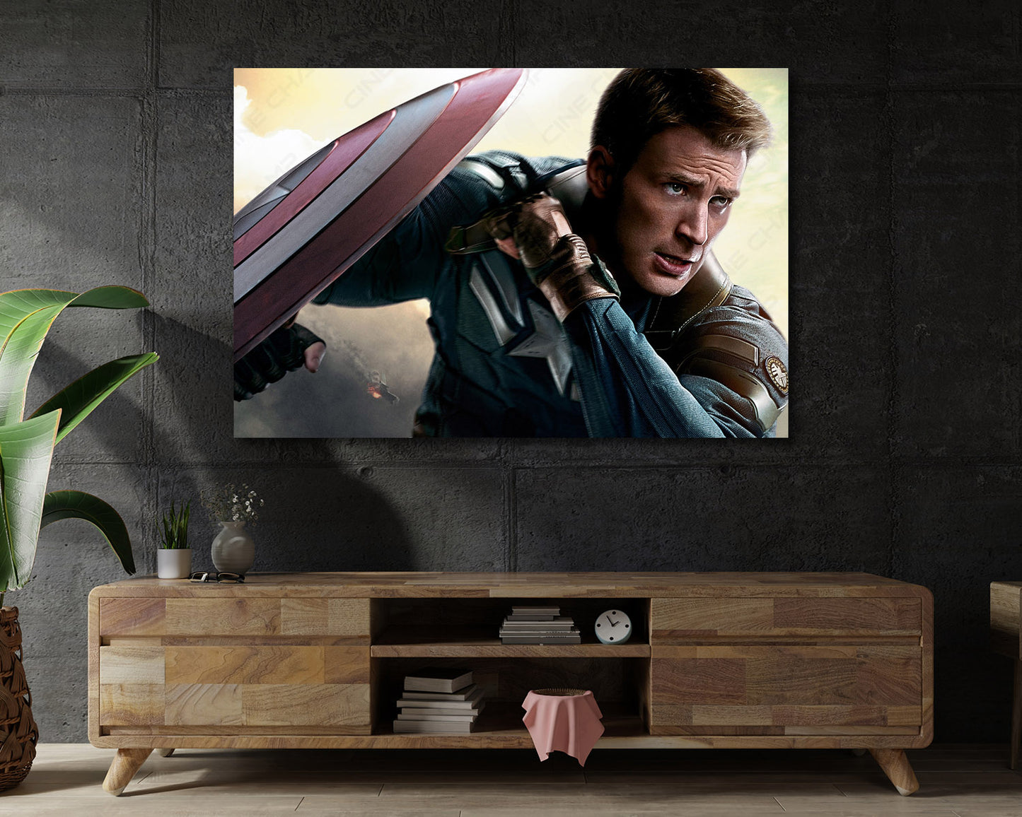 Captain America Canvas Wall Art Displayed on a Cabinet Wall in a Modern Interior