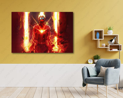 Captain Marvel Canvas Print Above Accent Chair in a Contemporary Entertainment Room