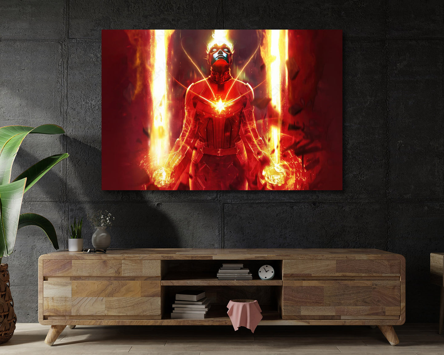 Captain Marvel Canvas Print Displayed Above Cabinet as Marvel Superhero Movie Wall Art