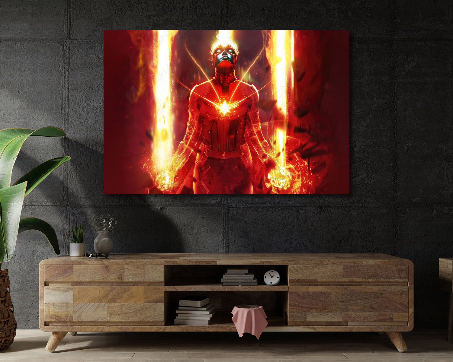 Captain Marvel Canvas Print Displayed Above Cabinet as Marvel Superhero Movie Wall Art