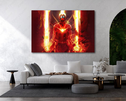 Captain Marvel Canvas Print Displayed in a Modern Living Room with Marvel Superhero Wall Art