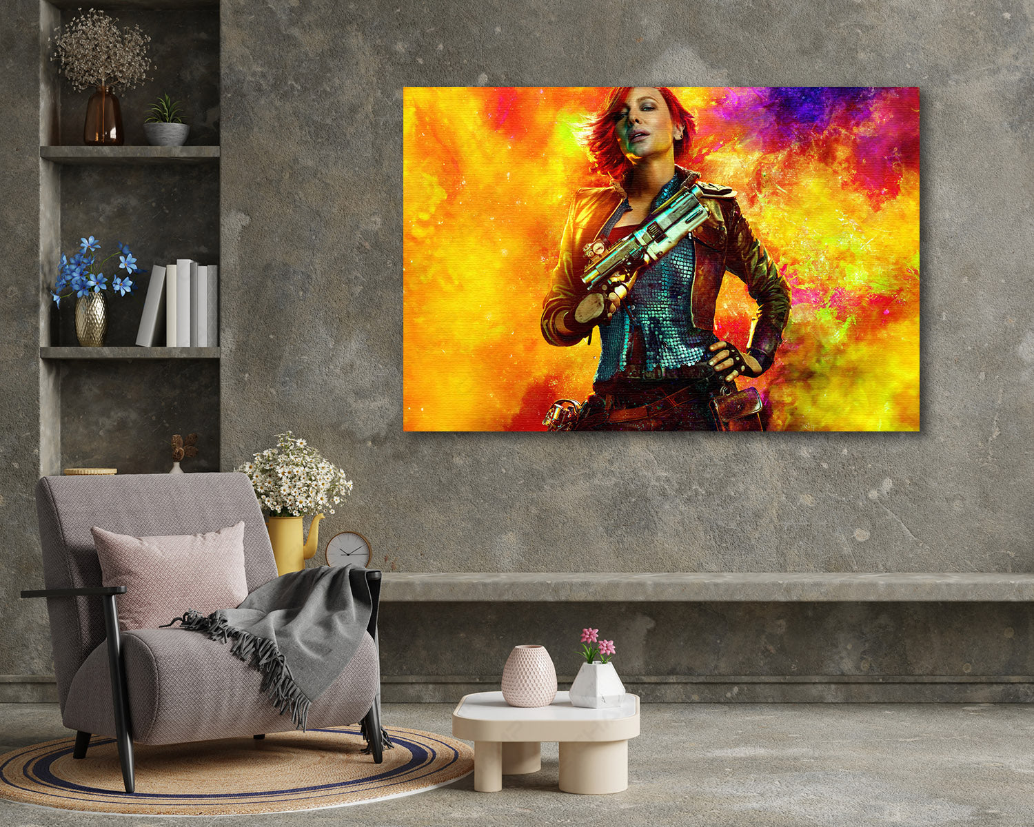 Cate Blanchett as Lilith in Borderlands Canvas Print Above Accent Chair in a Modern Gaming Room or Movie Space