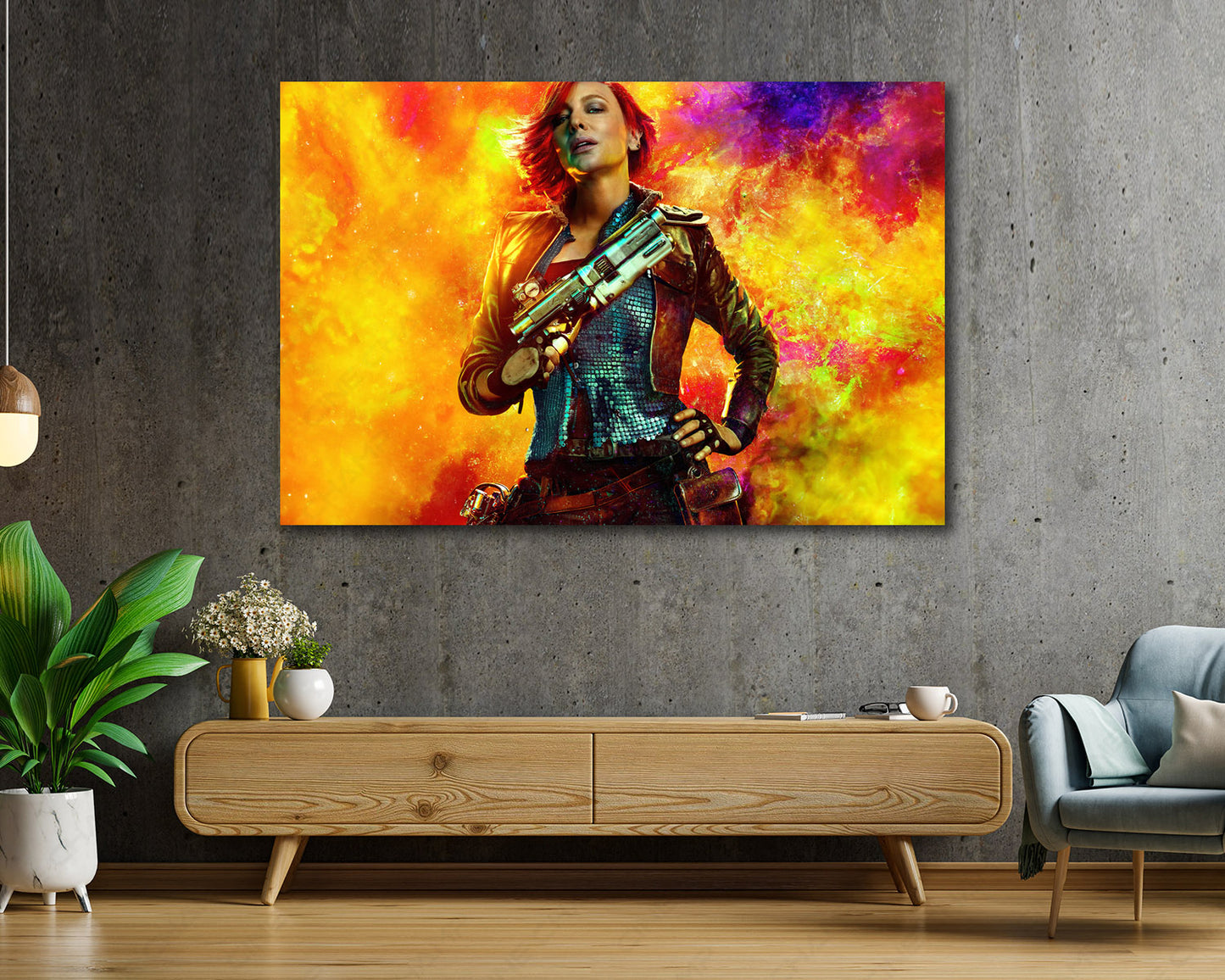 Cate Blanchett as Lilith in Borderlands Canvas Print Displayed Above Cabinet as Cinematic Character Wall Art