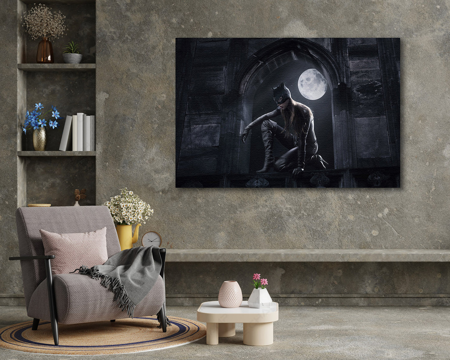 Catwoman Canvas Print Above Accent Chair in a Modern Movie Room or Gaming Space