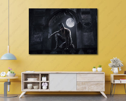 Catwoman Canvas Print Displayed Above Cabinet as Iconic Comic Book Character Wall Art