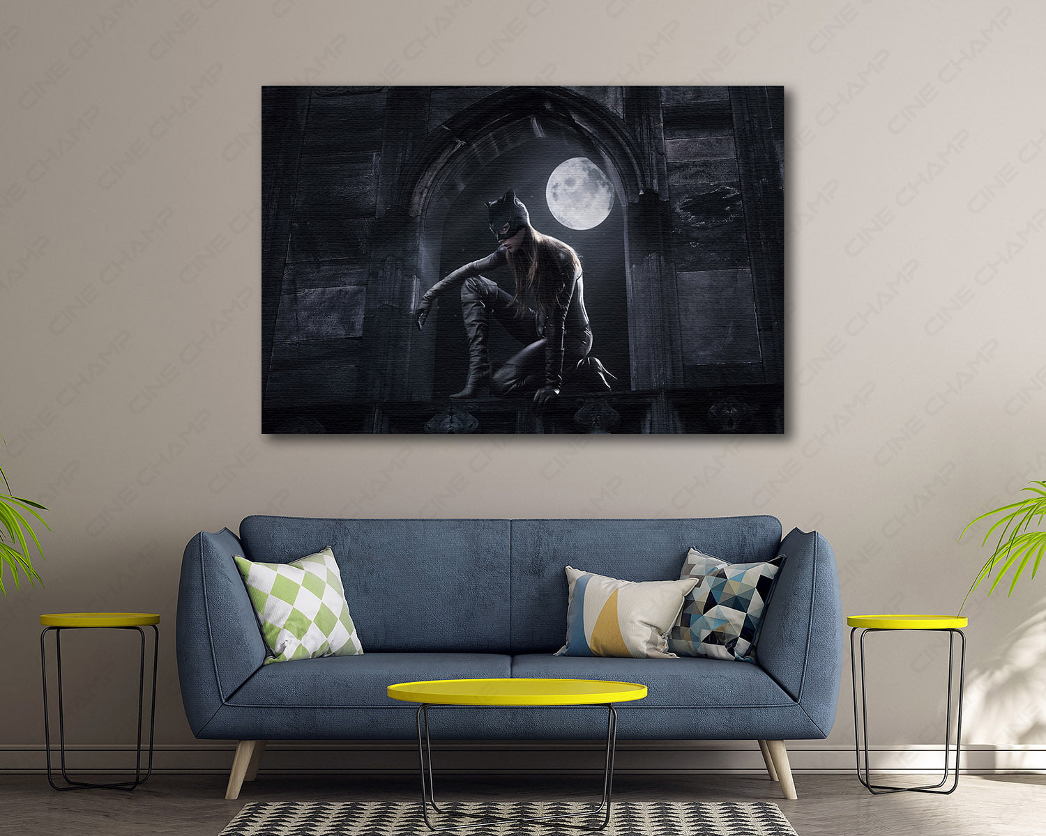 Catwoman Canvas Print Displayed in a Contemporary Living Room Interior