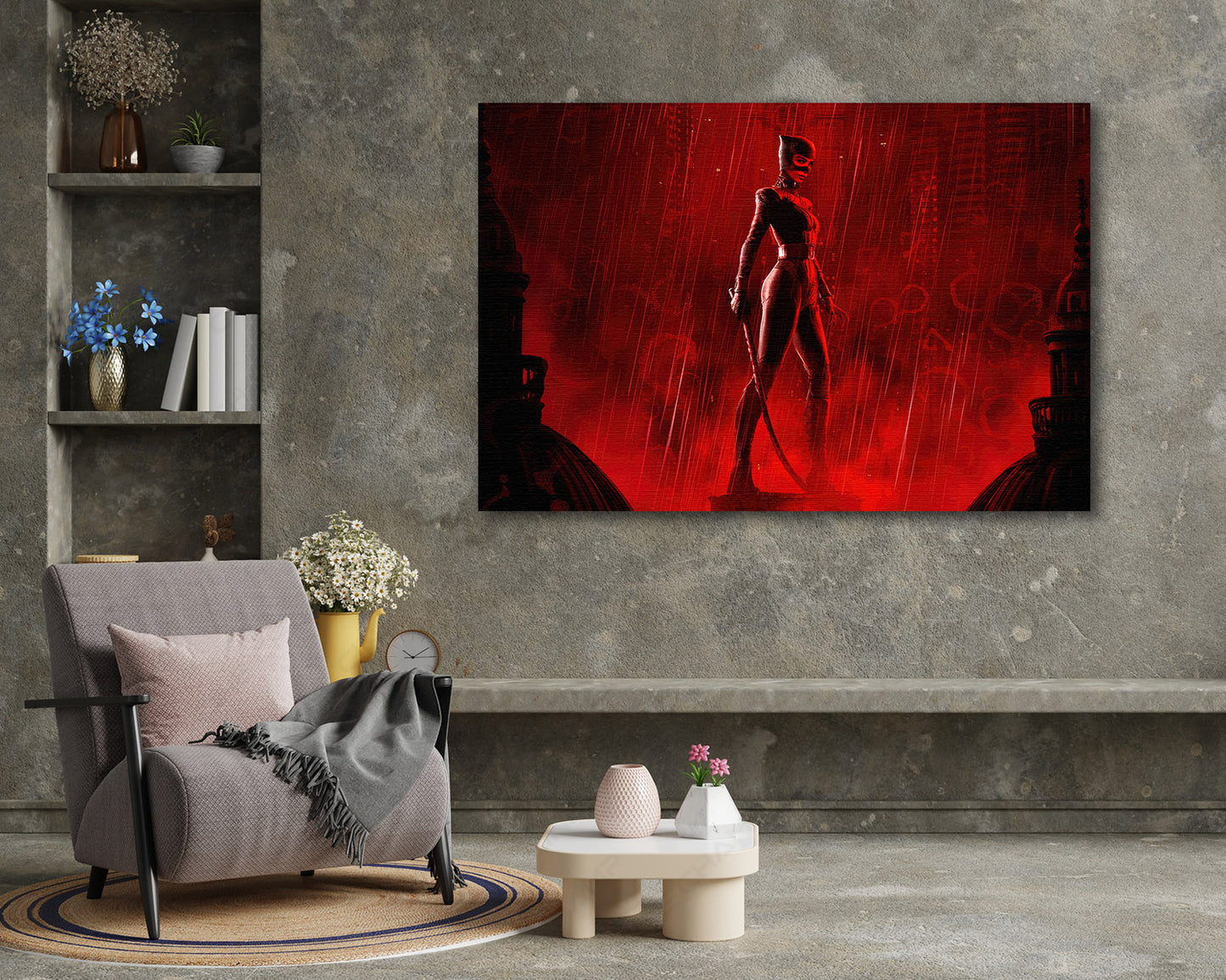 Catwoman in The Batman Canvas Print Above Accent Chair in a Modern Movie Room or Gaming Space