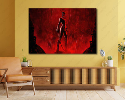 Catwoman in The Batman Canvas Print Displayed Above Cabinet as Cinematic Character Wall Art