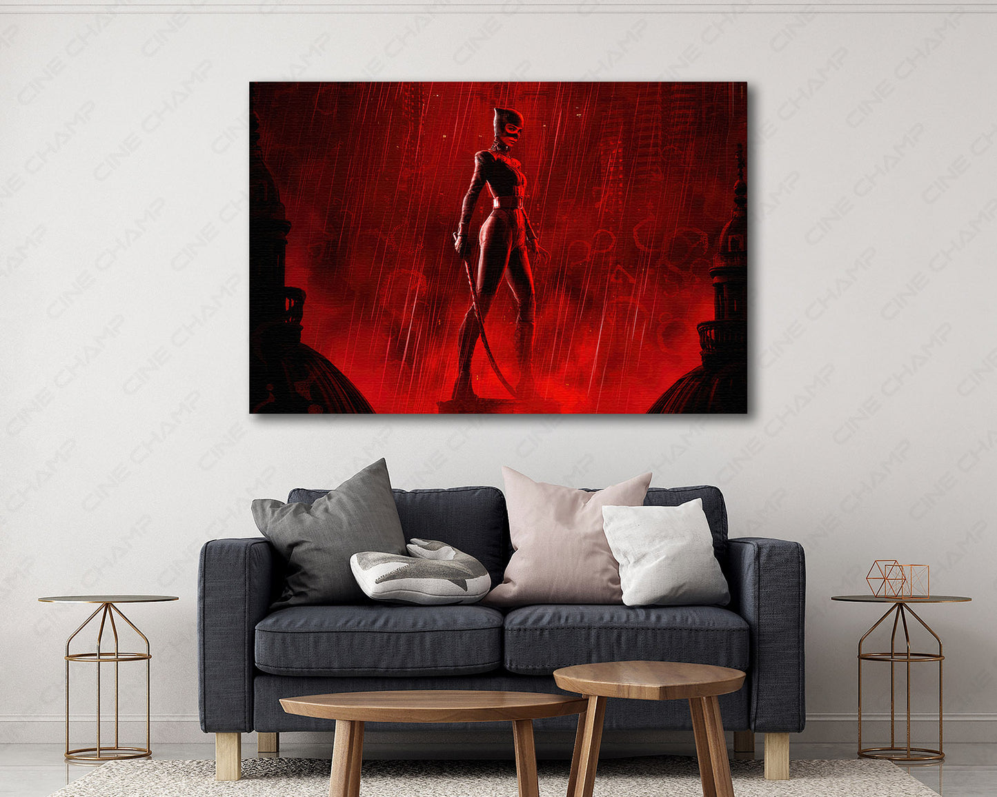 Catwoman in The Batman Canvas Print Displayed in a Contemporary Living Room Interior